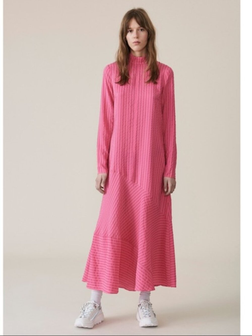 GANNI Pink Seersucker Maxi Dress – Silk Blend | Mock Neck | Size 36